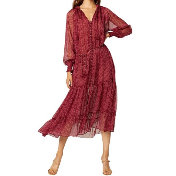 NWT Misa Los Angeles Louisa Dress XS‎ Pink/Red Print Sheer Chiffon Midi - Picture 1 of 15